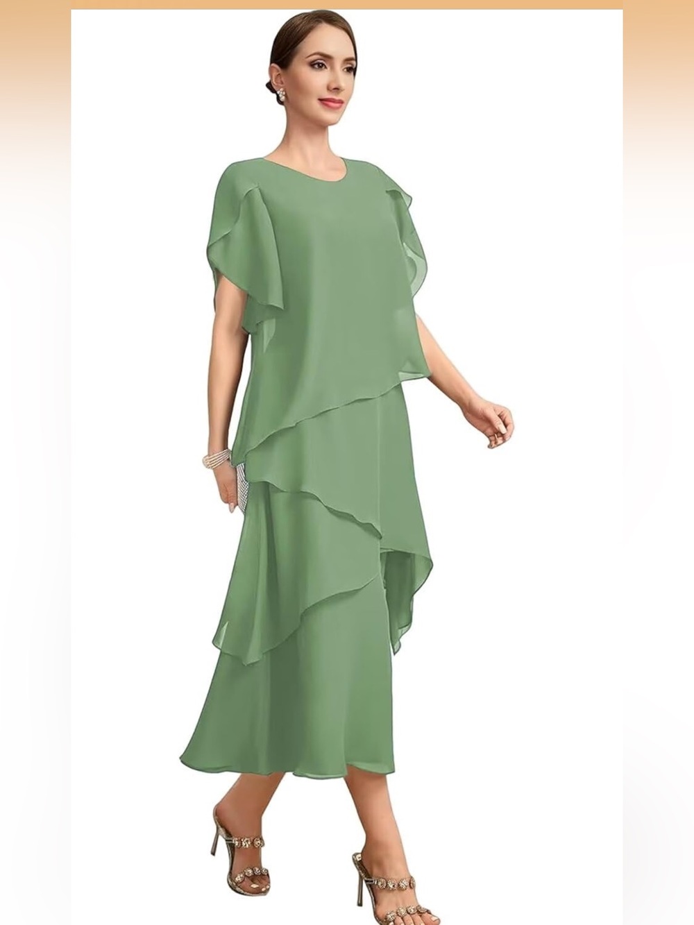 Light Sage Layered Chiffon Maxi Dress with a back zip
